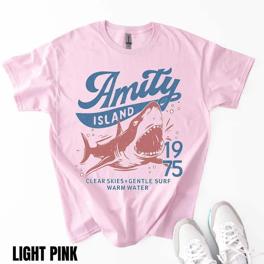 Jaws Amity Island 1975 T-Shirt – Retro Movie Inspired Graphic Tee, Remastered Heavy Cotton Film Buff Top, Soft Lived-In Vintage Summer Beach Shirt, Made in USA - - T-Shirt