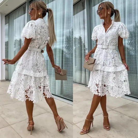 2024 Spring/Summer Short Sleeve Lace Button Dress - Kia Day Design