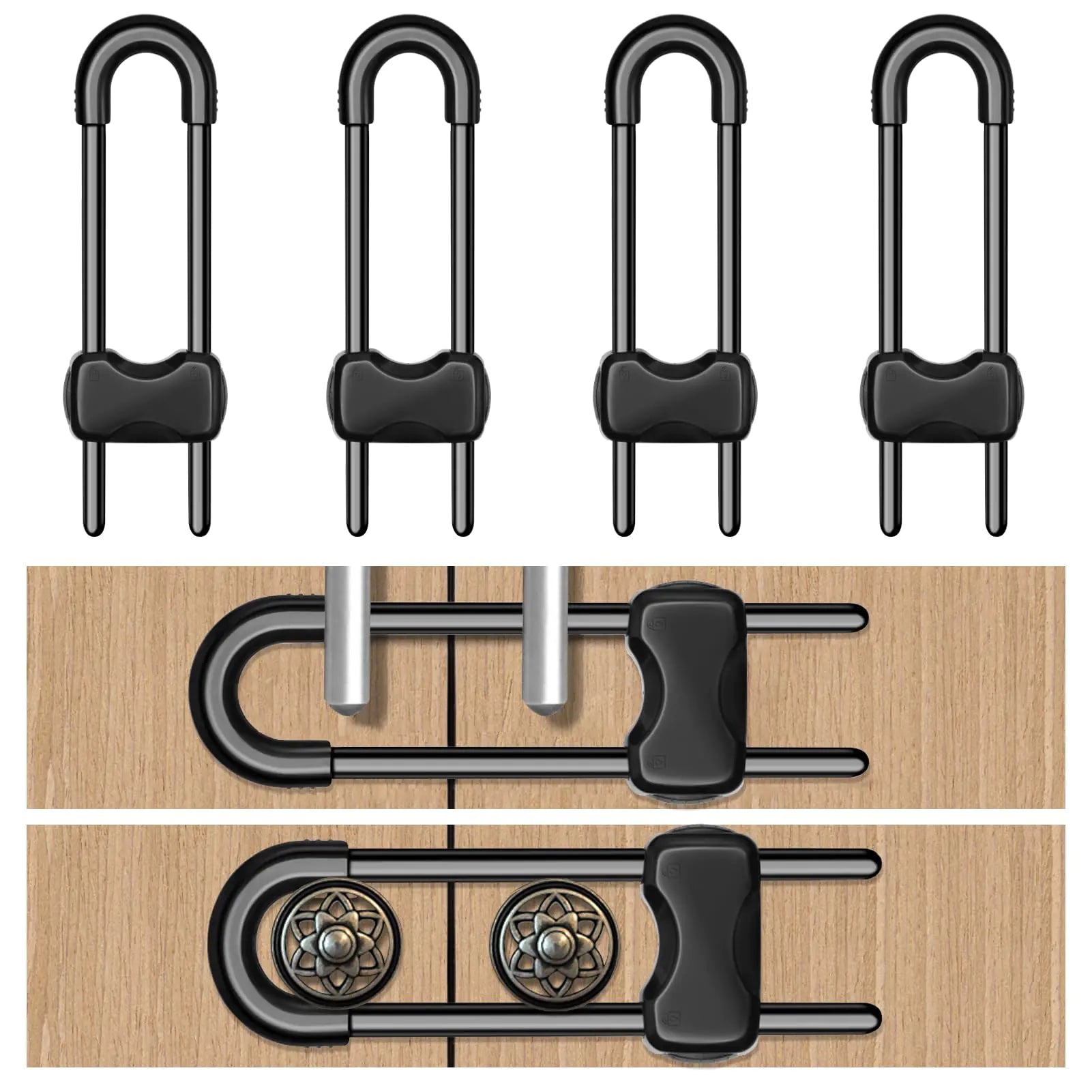 LLOOC Cabinet Locks for Babies4 Pack U-Shaped Child Locks for Cabinets Baby Proofing Cabinets Child Proof Cabinet LatchesChild Safety Cabinet Locks with Adjustable (Black) Kia Day Design
