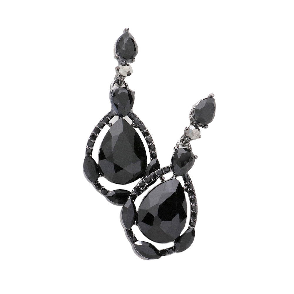 Crystal Rhinestone Teardrop Evening Earrings - Jet Black - Earrings