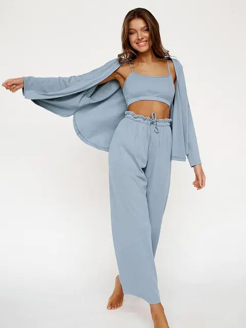 Ribbed Drop Sleeves Sleepwear Women Set