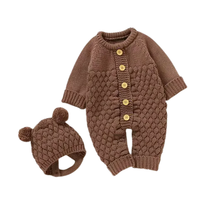 Baby Knit Set - Romper, Beanie, Mittens & Booties brown