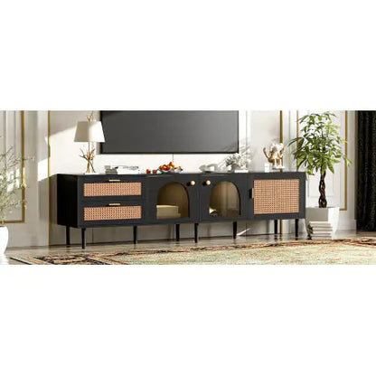 Rattan TV Stand With 3 Cabinets & 2 Drawers, Rattan-inspired Media Console Table For TVs Up To 80'', LED Light Entertainment Center, TV Cabinet For Living Room, Bedroom, Home Theatre Kia Day Design