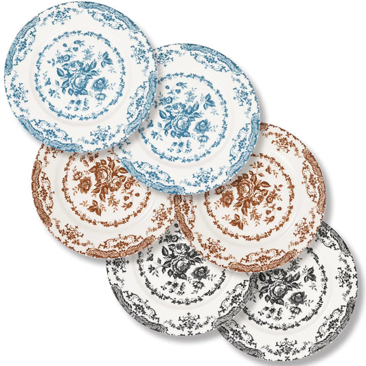 HomeElves Set of 6 Kitchen Plates Microwave Safe - Black+Light Blue+Brown 8.5 inch - plate set