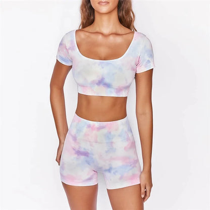 Summer Tie Dye Women's Yoga Set: Short Sleeve Crop Top & High Waist Shorts