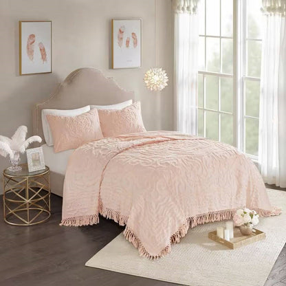 King 100-Percent Cotton Chenille Bedspread with Fringe Hem in Pink Blush- HomePacific- {{Product type}}