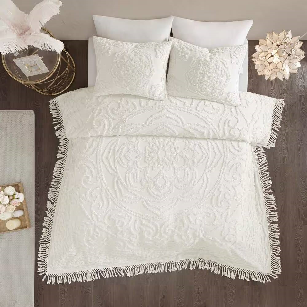 King 100-Percent Cotton Chenille Bedspread with Fringe Hem in Off-White- HomePacific- {{Product type}}
