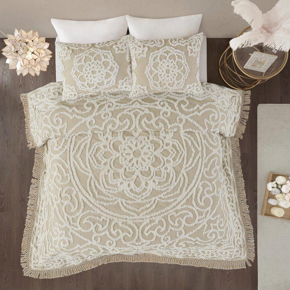 King 100-Percent Cotton Chenille Bedspread with Fringe Hem in Khaki Taupe Beige- HomePacific- {{Product type}}