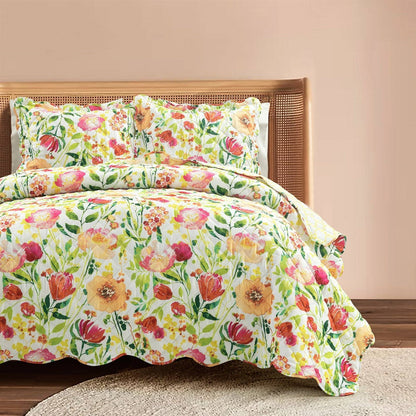 King/Cal King Lightweight Polyester Scalloped Edges Floral Quilt Set - - Bedroom > Quilts & Blankets