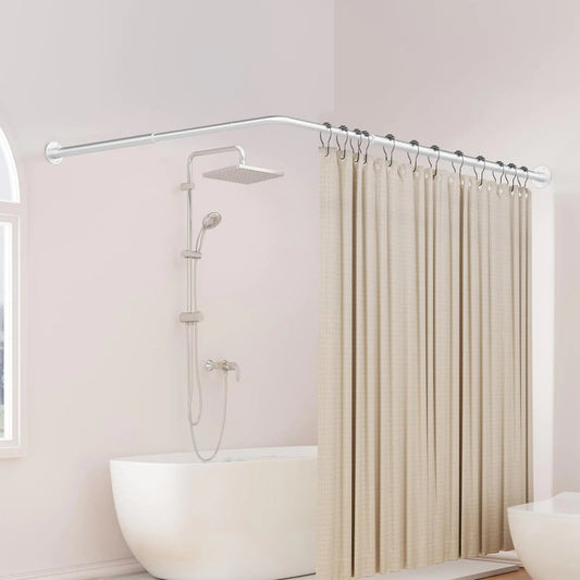 L Shaped Corner Shower Rod Adjustable Stainless Steel 90 Degree with 12 Hooks and Ceiling Support - Kia Day Design
