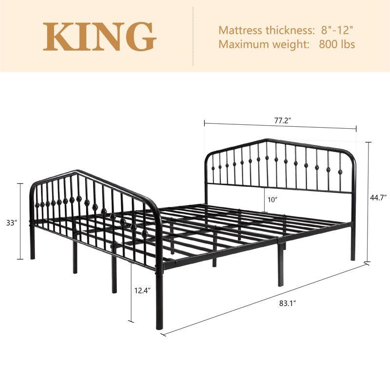 King Farmhouse Spindle Black Metal Platform Bed Frame with Headboard Footboard - - Bedroom > Bed Frames > Metal Beds