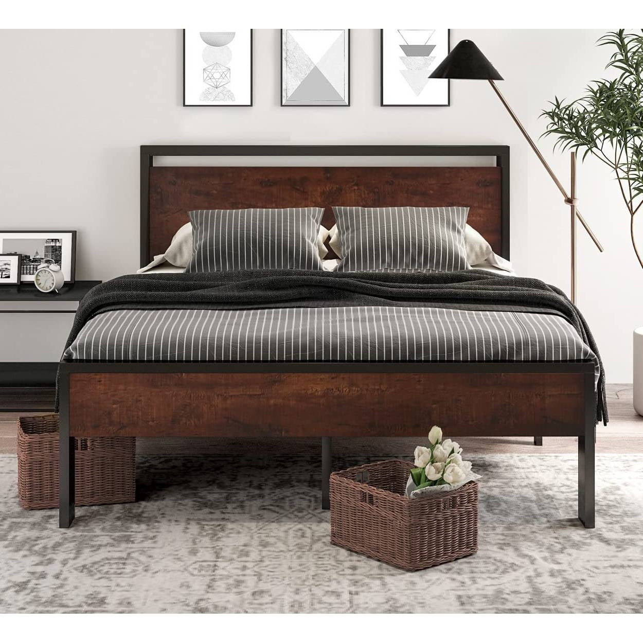 King Metal Platform Bed Frame with Mahogany Wood Panel Headboard Footboard - - Bedroom > Bed Frames > Platform Beds