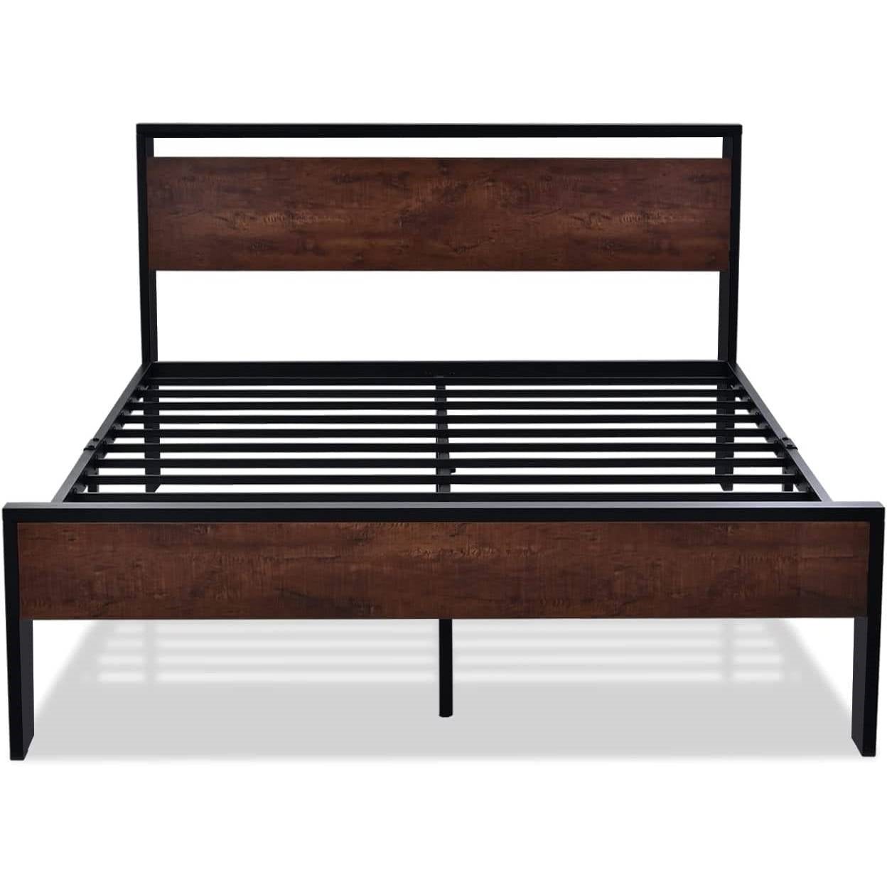 King Metal Platform Bed Frame with Mahogany Wood Panel Headboard Footboard - - Bedroom > Bed Frames > Platform Beds