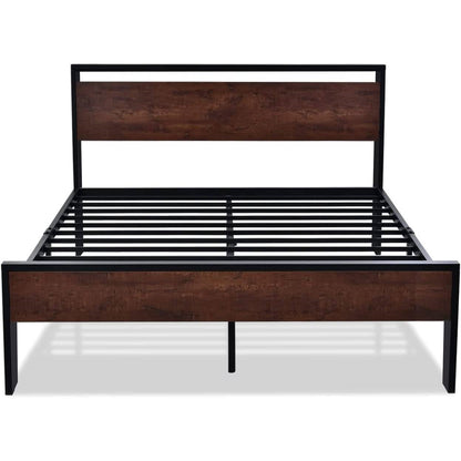 King Metal Platform Bed Frame with Mahogany Wood Panel Headboard Footboard - - Bedroom > Bed Frames > Platform Beds