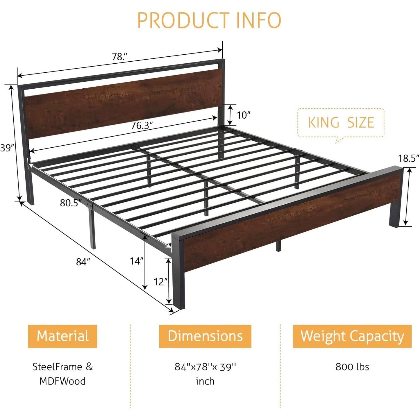 King Metal Platform Bed Frame with Mahogany Wood Panel Headboard Footboard - - Bedroom > Bed Frames > Platform Beds