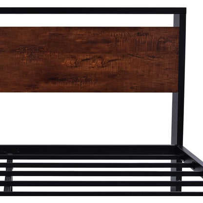 King Metal Platform Bed Frame with Mahogany Wood Panel Headboard Footboard - - Bedroom > Bed Frames > Platform Beds