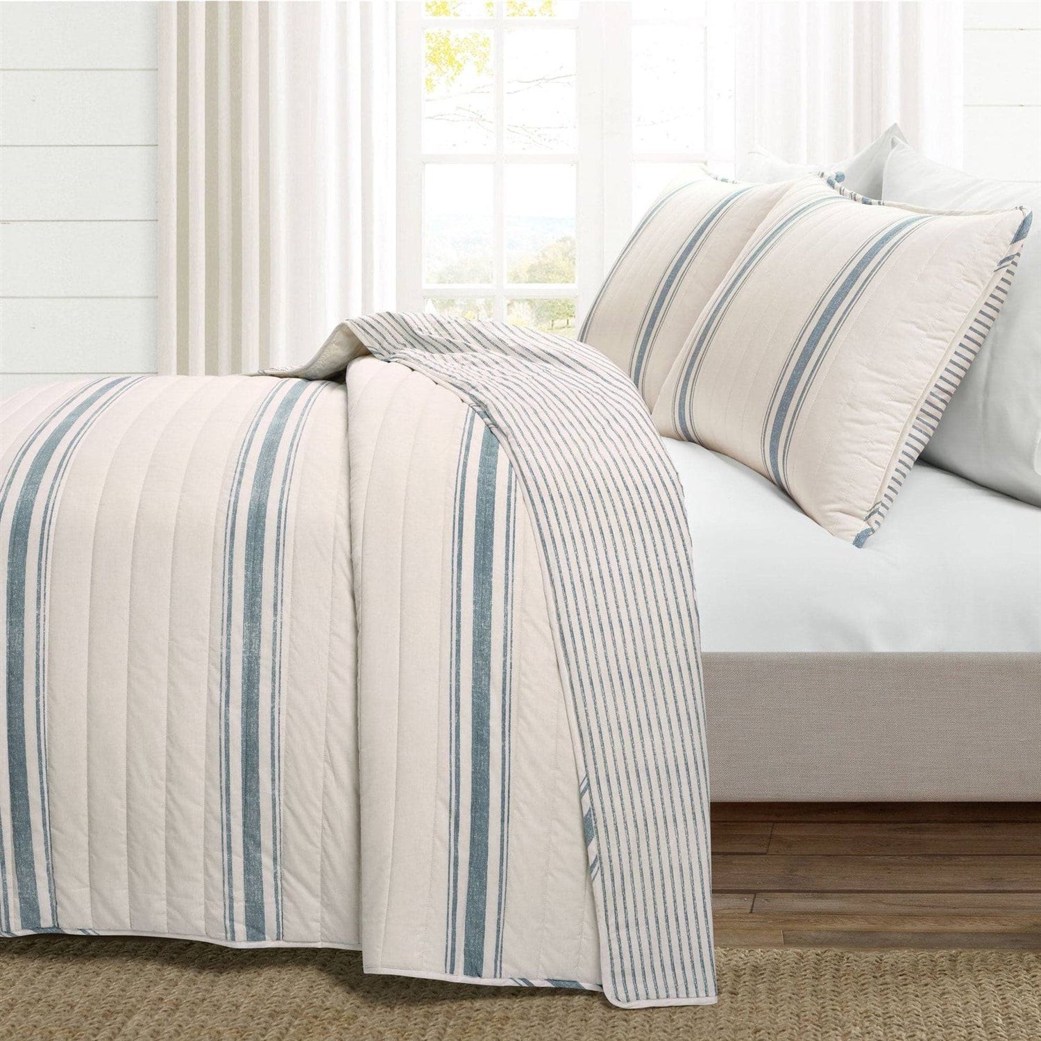King size Blue Off-White Cream Stripe 3 Piece Reversible Cotton Quilt Set - - Bedroom > Quilts & Blankets