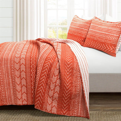 King size Scandinavian Chevron Orange White Stripe Reversible Cotton Quilt Set - - Bedroom > Quilts & Blankets