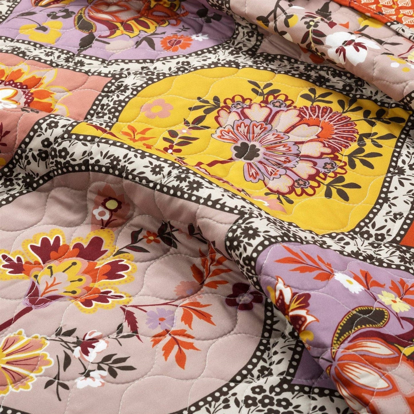 King size Boho Floral Lightweight Cotton Orange Mauve Yellow 3-Piece Quilt Set - - Bedroom > Quilts & Blankets