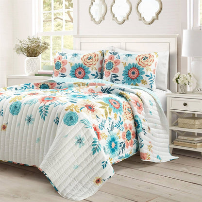 King size Lightweight Floral Teal Blue Pink White 3-Piece Polyester Quilt Set - - Bedroom > Quilts & Blankets