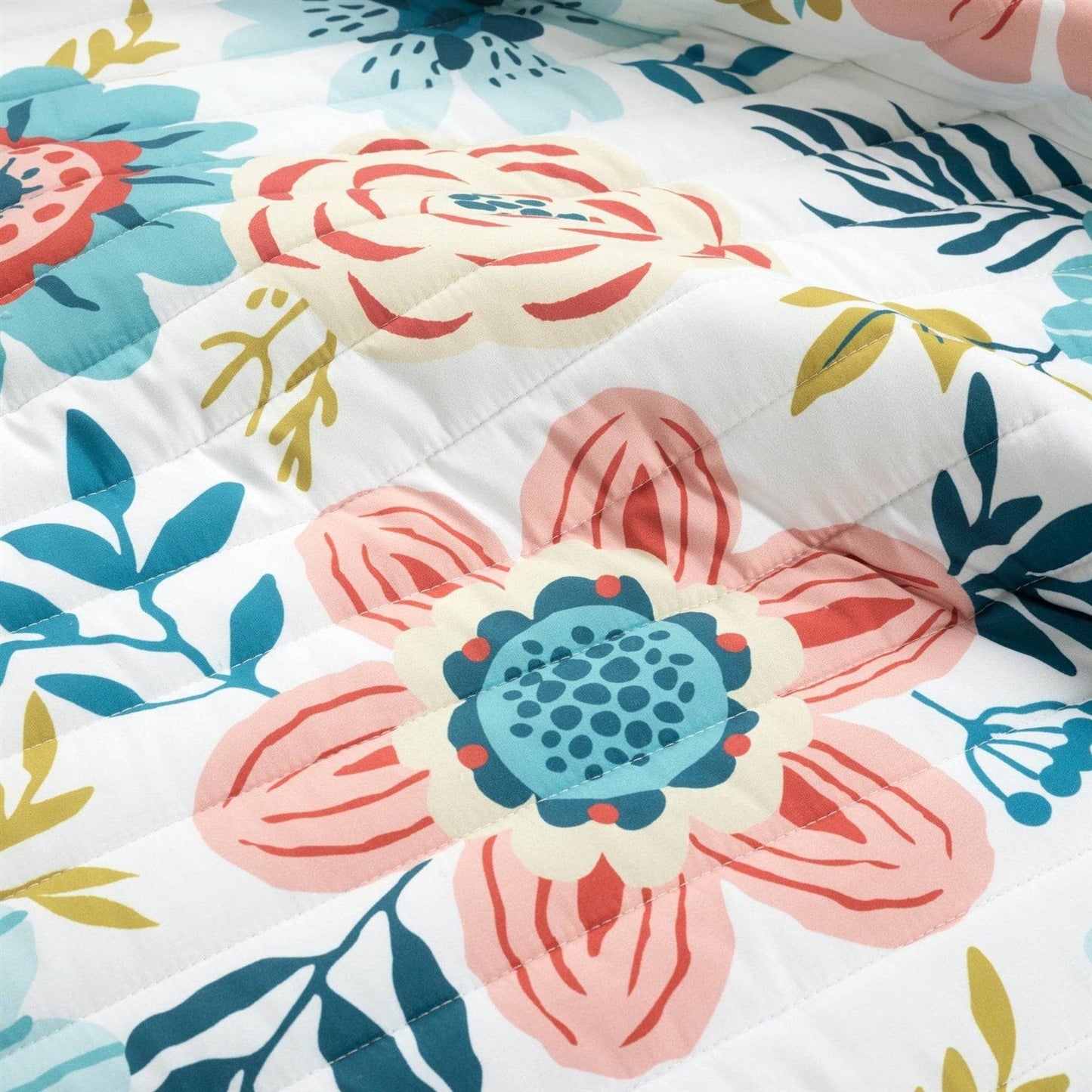 King size Lightweight Floral Teal Blue Pink White 3-Piece Polyester Quilt Set - - Bedroom > Quilts & Blankets