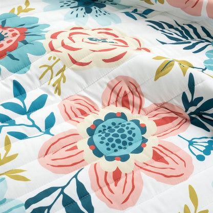King size Lightweight Floral Teal Blue Pink White 3-Piece Polyester Quilt Set - - Bedroom > Quilts & Blankets