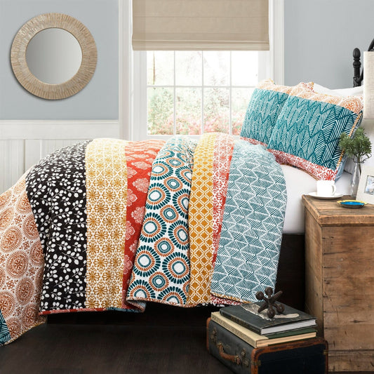 King size Cotton 3 Piece Reversible Teal Orange Bohemian Stripe Quilt Set - - Bedroom > Quilts & Blankets