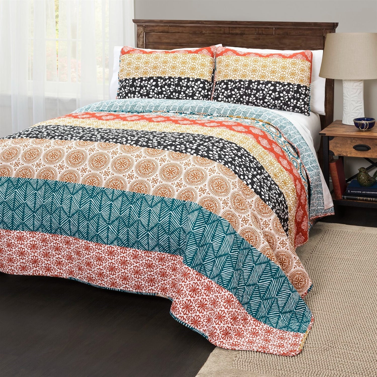 King size Cotton 3 Piece Reversible Teal Orange Bohemian Stripe Quilt Set - - Bedroom > Quilts & Blankets