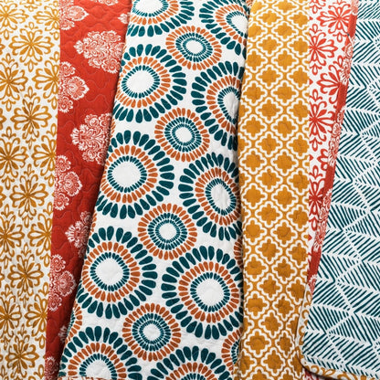 King size Cotton 3 Piece Reversible Teal Orange Bohemian Stripe Quilt Set - - Bedroom > Quilts & Blankets