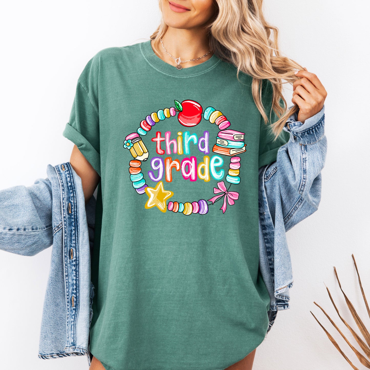 Third Grade Teacher Back to School First Day of School Cute Teacher Appreciation Bracelets Bow Comfort Colors Tee - Light Green - T-Shirt