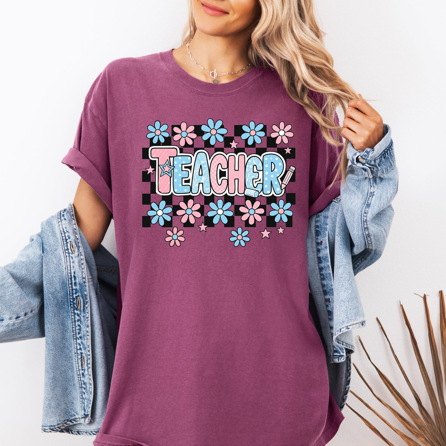 Teacher Checkered Retro Floral Back To School First Day Of School Cute Coquette Appreciation Comfort Colors Tee - Berry - T-Shirt