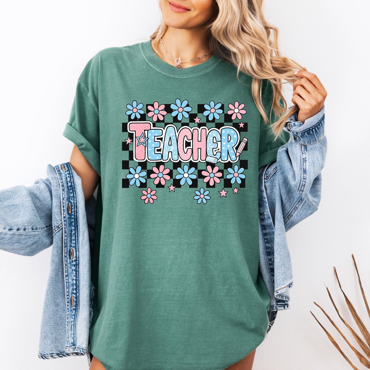 Teacher Checkered Retro Floral Back To School First Day Of School Cute Coquette Appreciation Comfort Colors Tee - Light Green - T-Shirt