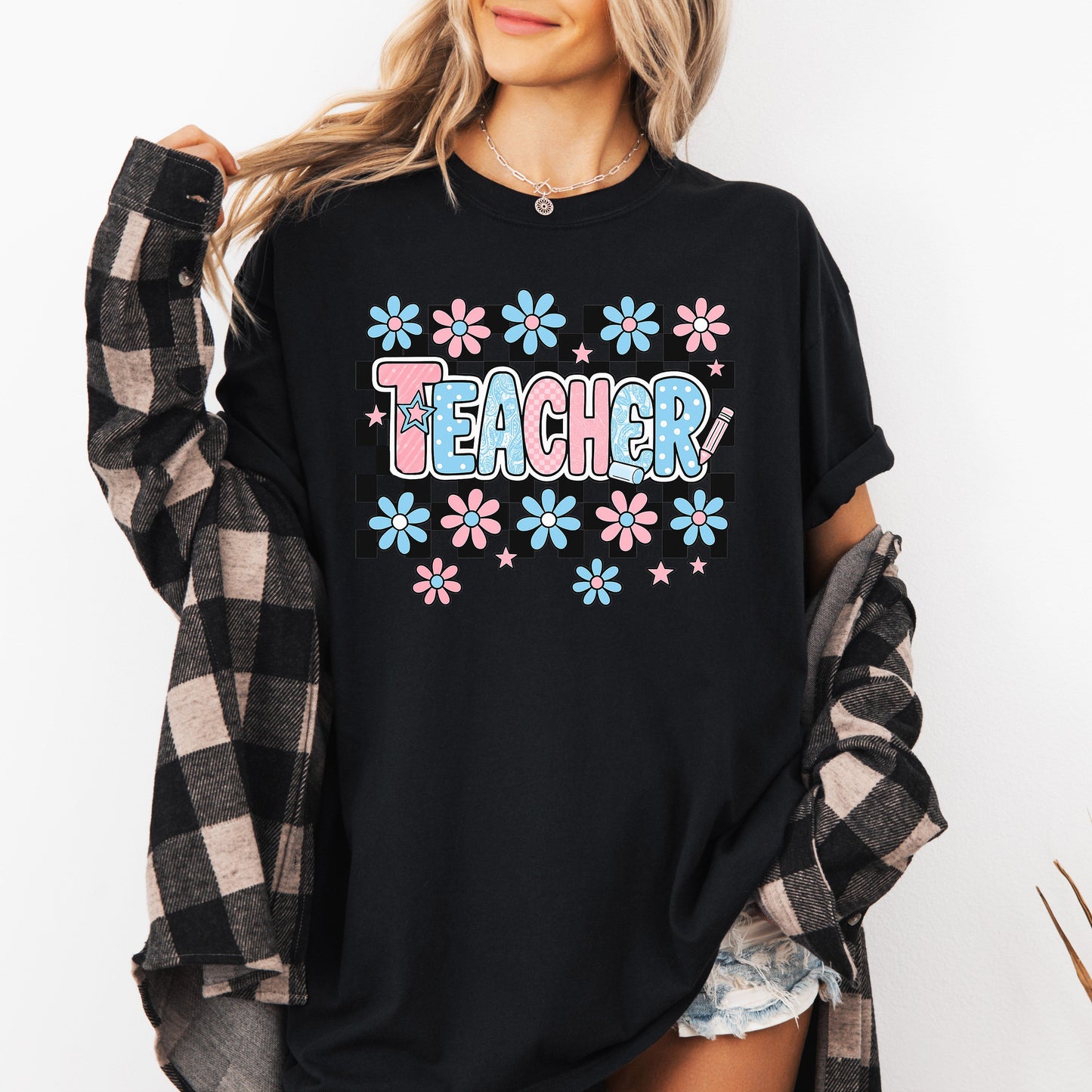 Teacher Checkered Retro Floral Back To School First Day Of School Cute Coquette Appreciation Comfort Colors Tee - Black - T-Shirt