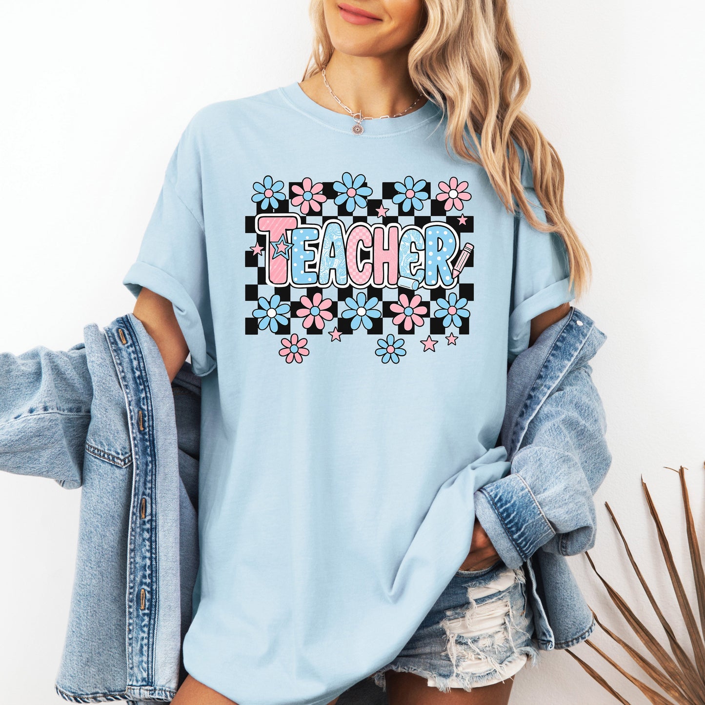 Teacher Checkered Retro Floral Back To School First Day Of School Cute Coquette Appreciation Comfort Colors Tee - Chambray Light Blue - T-Shirt