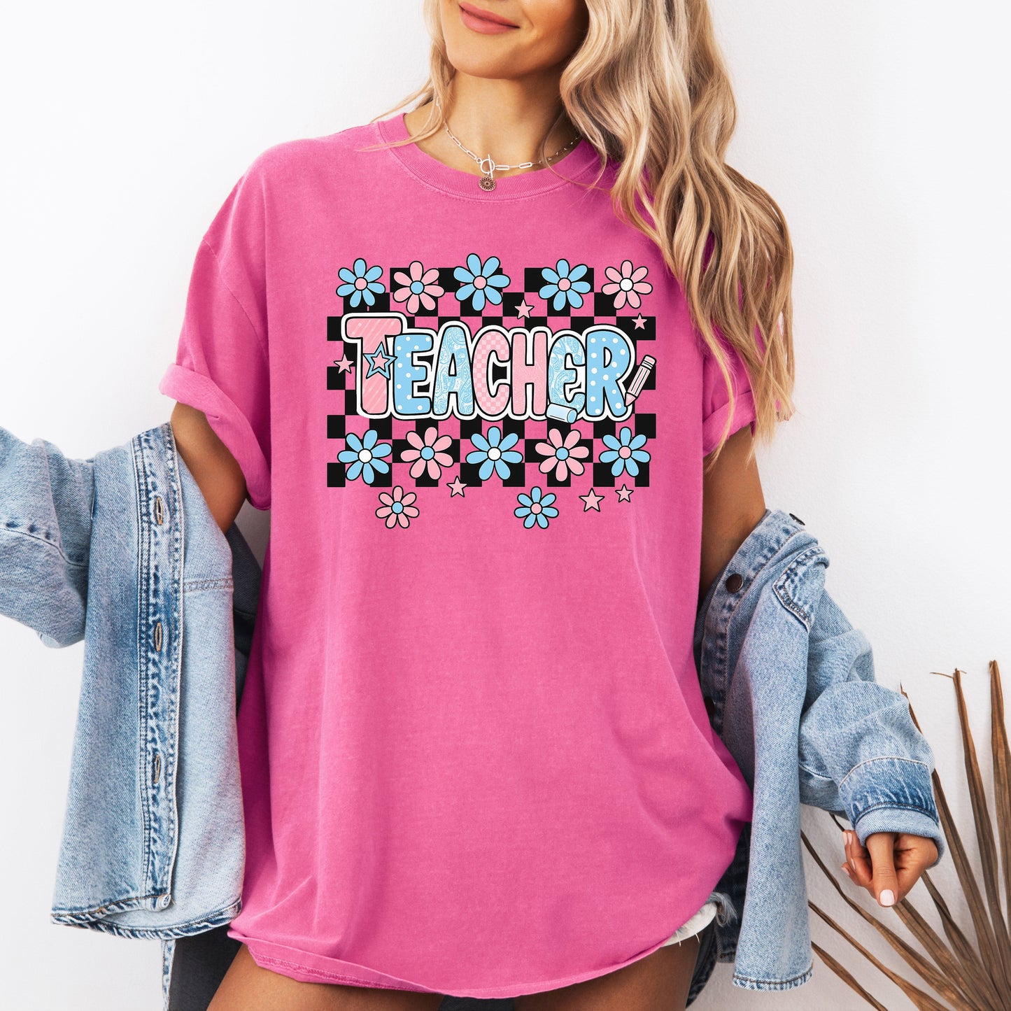 Teacher Checkered Retro Floral Back To School First Day Of School Cute Coquette Appreciation Comfort Colors Tee - Crunchberry Bright Pink - T-Shirt