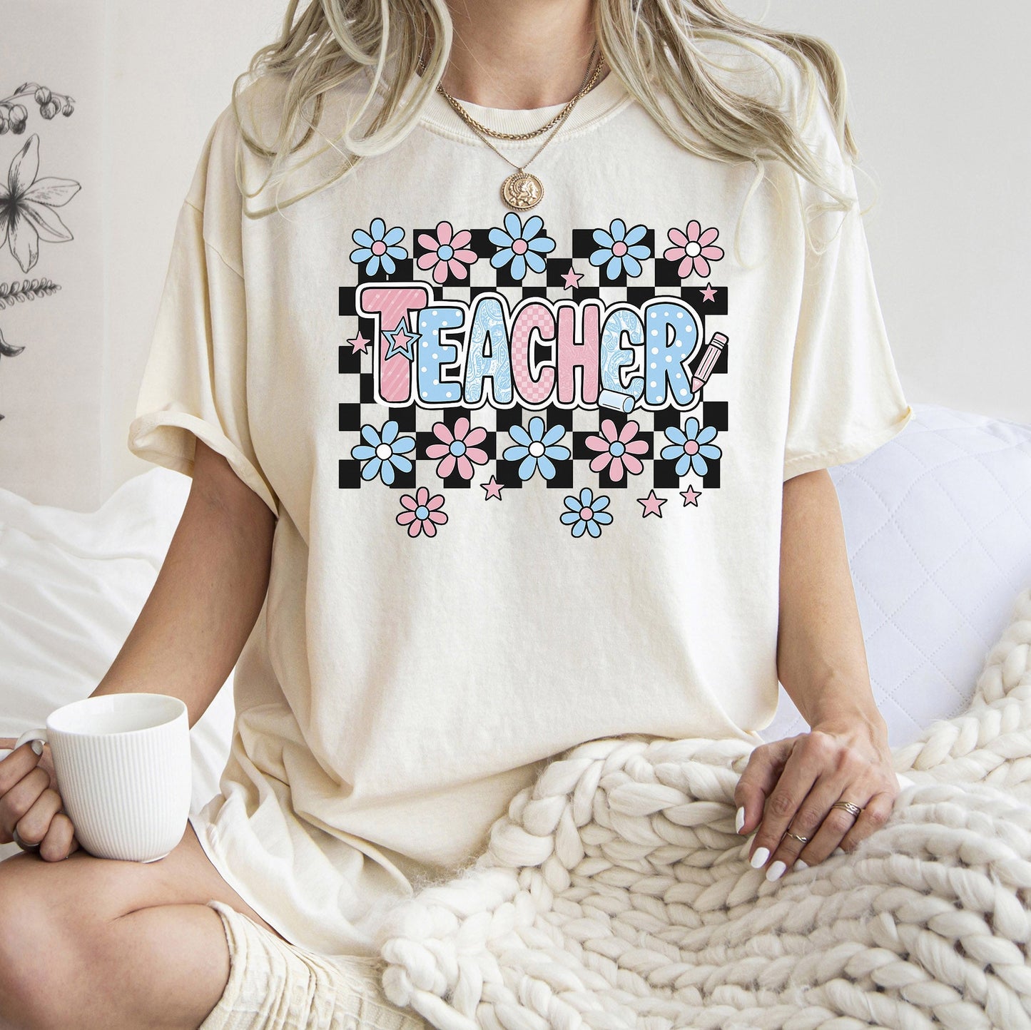 Teacher Checkered Retro Floral Back To School First Day Of School Cute Coquette Appreciation Comfort Colors Tee - Ivory Cream - T-Shirt