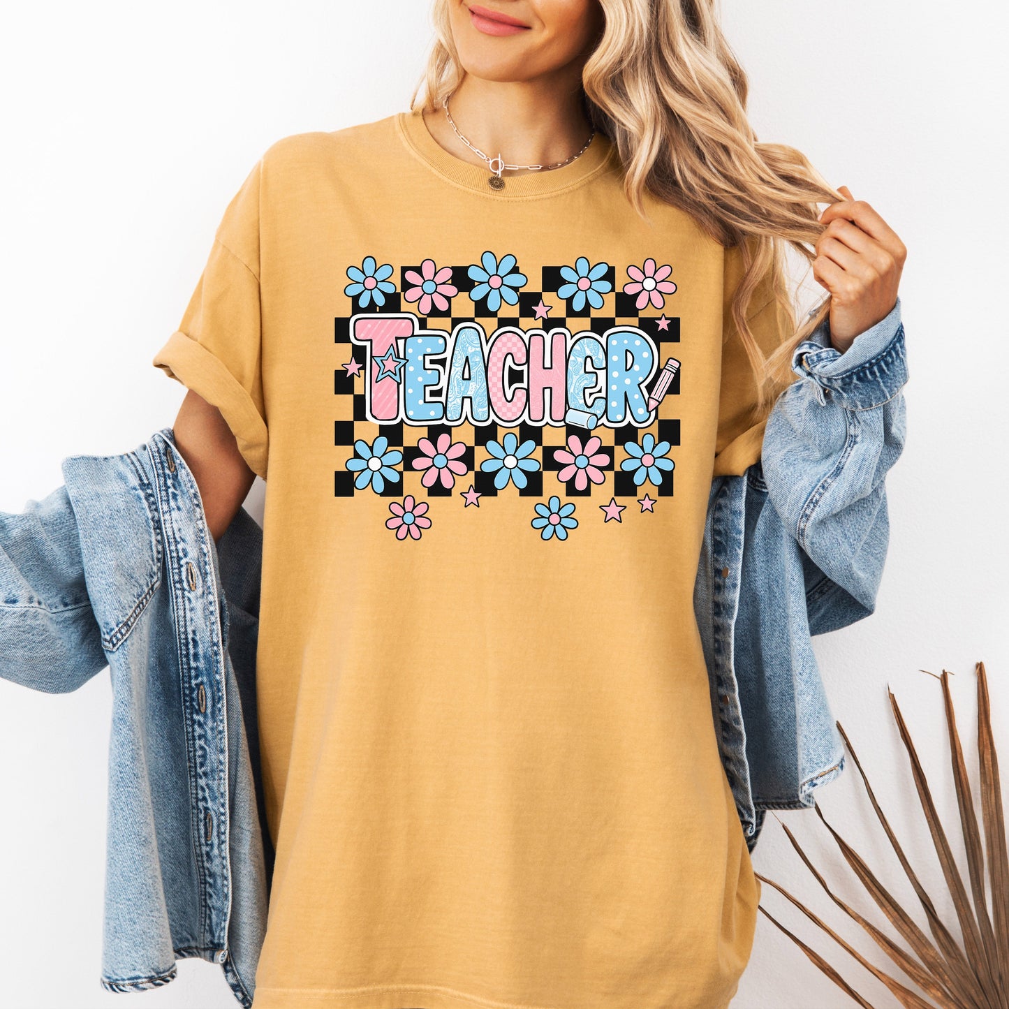 Teacher Checkered Retro Floral Back To School First Day Of School Cute Coquette Appreciation Comfort Colors Tee - Mustard - T-Shirt