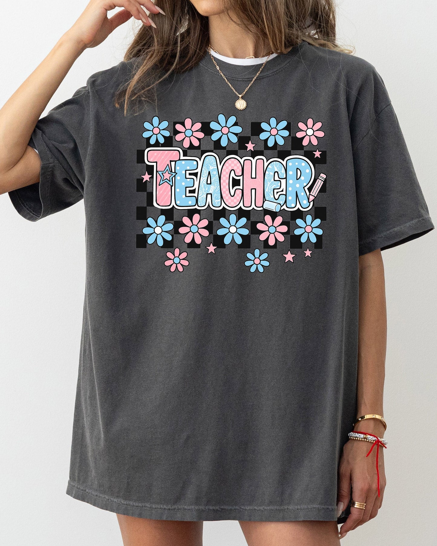 Teacher Checkered Retro Floral Back To School First Day Of School Cute Coquette Appreciation Comfort Colors Tee - Pepper Dark Gray - T-Shirt