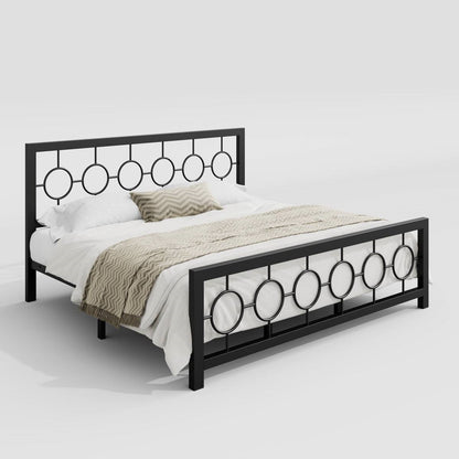 King Black Metal Platform Bed Frame with Circle Medallion Headboard Footboard - - Bedroom > Bed Frames > Metal Beds