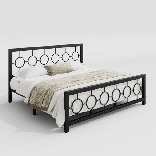 King Black Metal Platform Bed Frame with Circle Medallion Headboard Footboard - - Bedroom > Bed Frames > Metal Beds