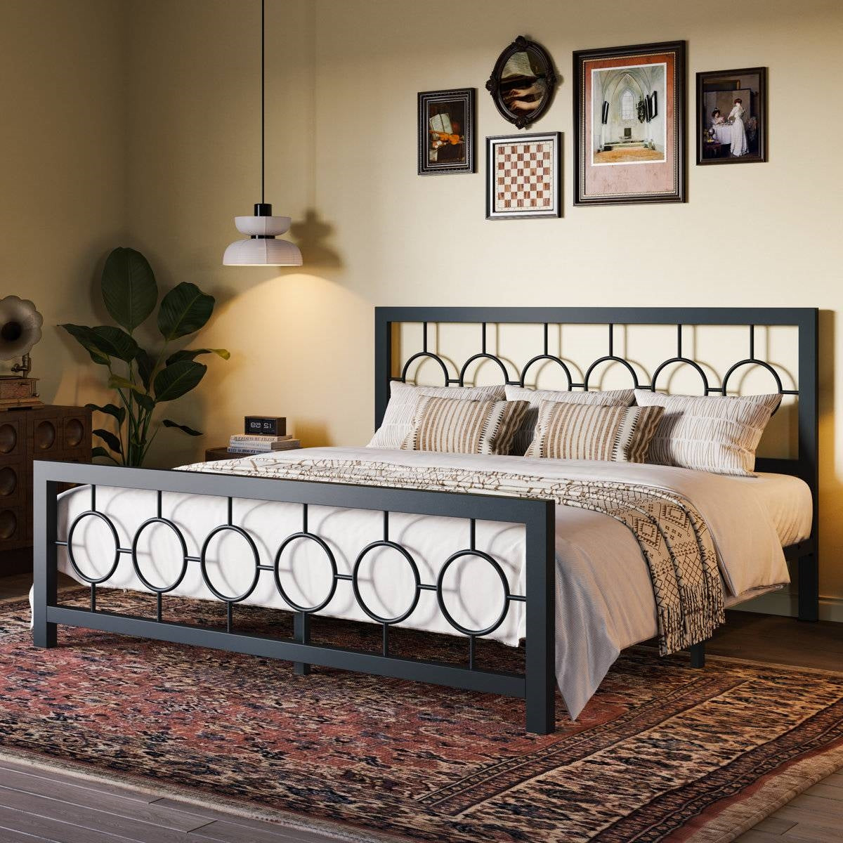 King Black Metal Platform Bed Frame with Circle Medallion Headboard Footboard - - Bedroom > Bed Frames > Metal Beds