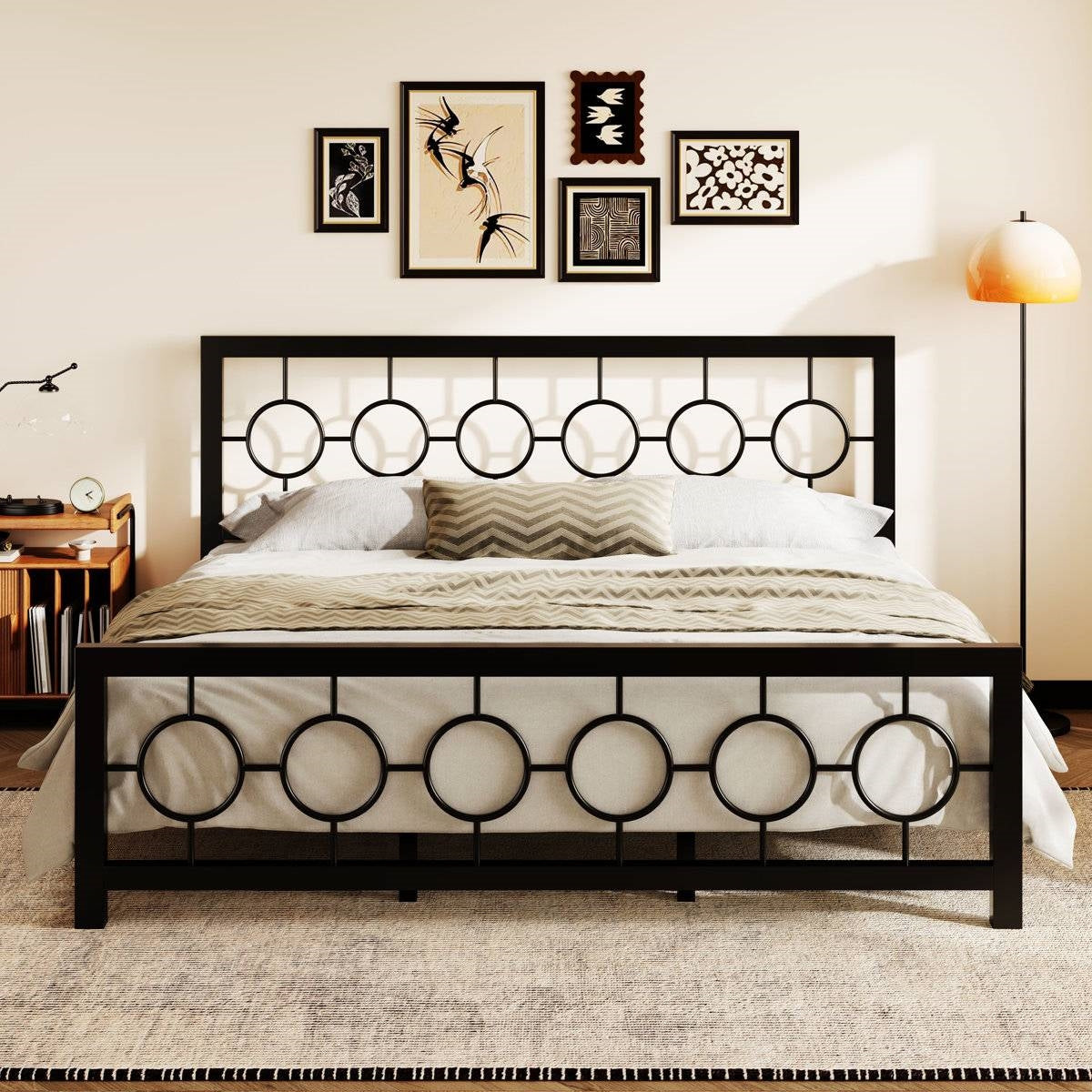 King Black Metal Platform Bed Frame with Circle Medallion Headboard Footboard - - Bedroom > Bed Frames > Metal Beds