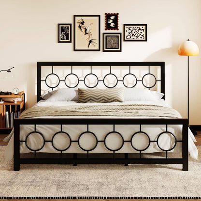 King Black Metal Platform Bed Frame with Circle Medallion Headboard Footboard - - Bedroom > Bed Frames > Metal Beds