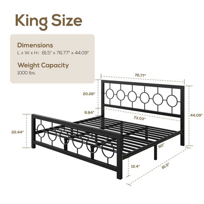 King Black Metal Platform Bed Frame with Circle Medallion Headboard Footboard - - Bedroom > Bed Frames > Metal Beds