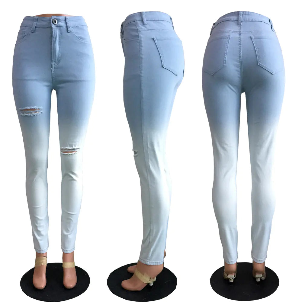 Blue-White Gradient Distressed Jeans for Cross-Border E-Commerce - Kia Day Design