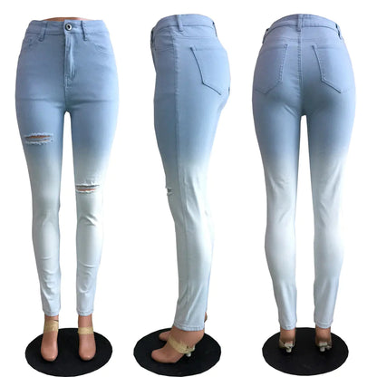 Blue-White Gradient Distressed Jeans for Cross-Border E-Commerce - Kia Day Design