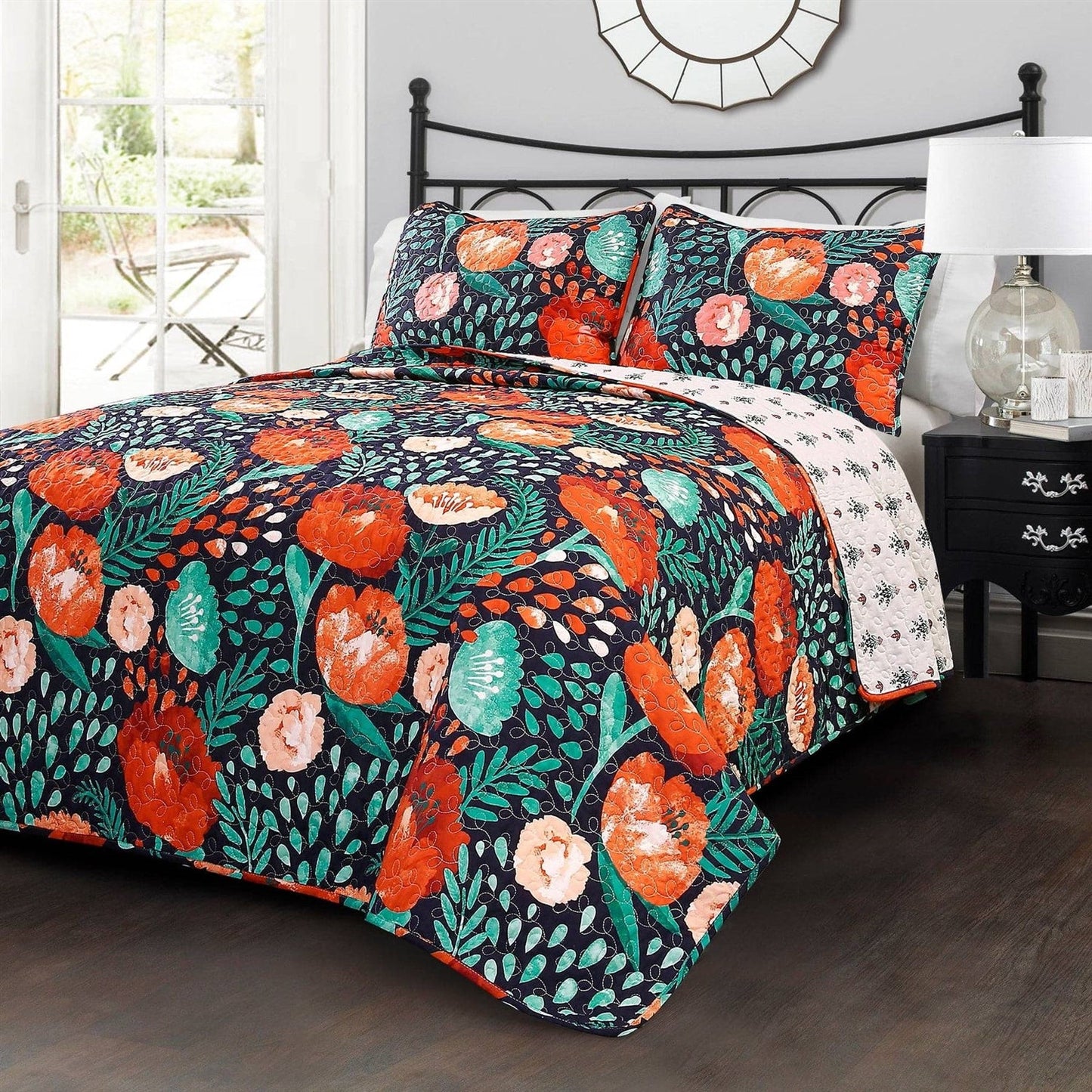 King size Boho Floral Red Poppy Navy Teal Lightweight 3 Piece Cotton Quilt Set - - Bedroom > Quilts & Blankets