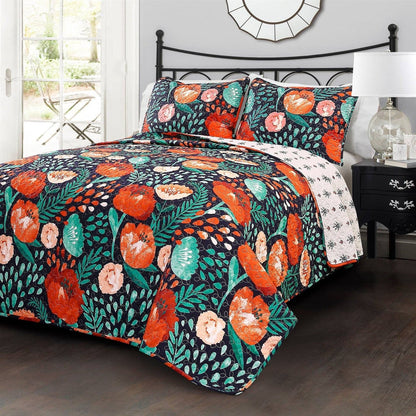 King size Boho Floral Red Poppy Navy Teal Lightweight 3 Piece Cotton Quilt Set - - Bedroom > Quilts & Blankets