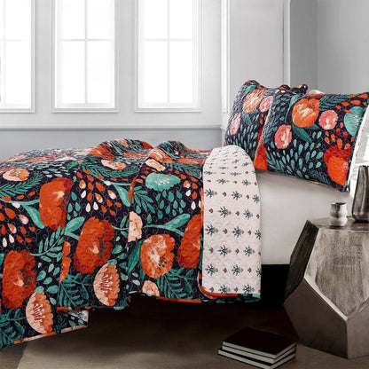 King size Boho Floral Red Poppy Navy Teal Lightweight 3 Piece Cotton Quilt Set - - Bedroom > Quilts & Blankets