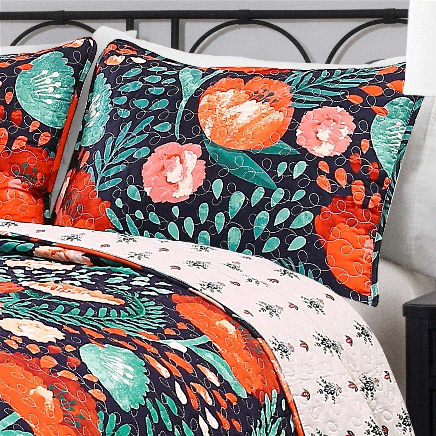King size Boho Floral Red Poppy Navy Teal Lightweight 3 Piece Cotton Quilt Set - - Bedroom > Quilts & Blankets